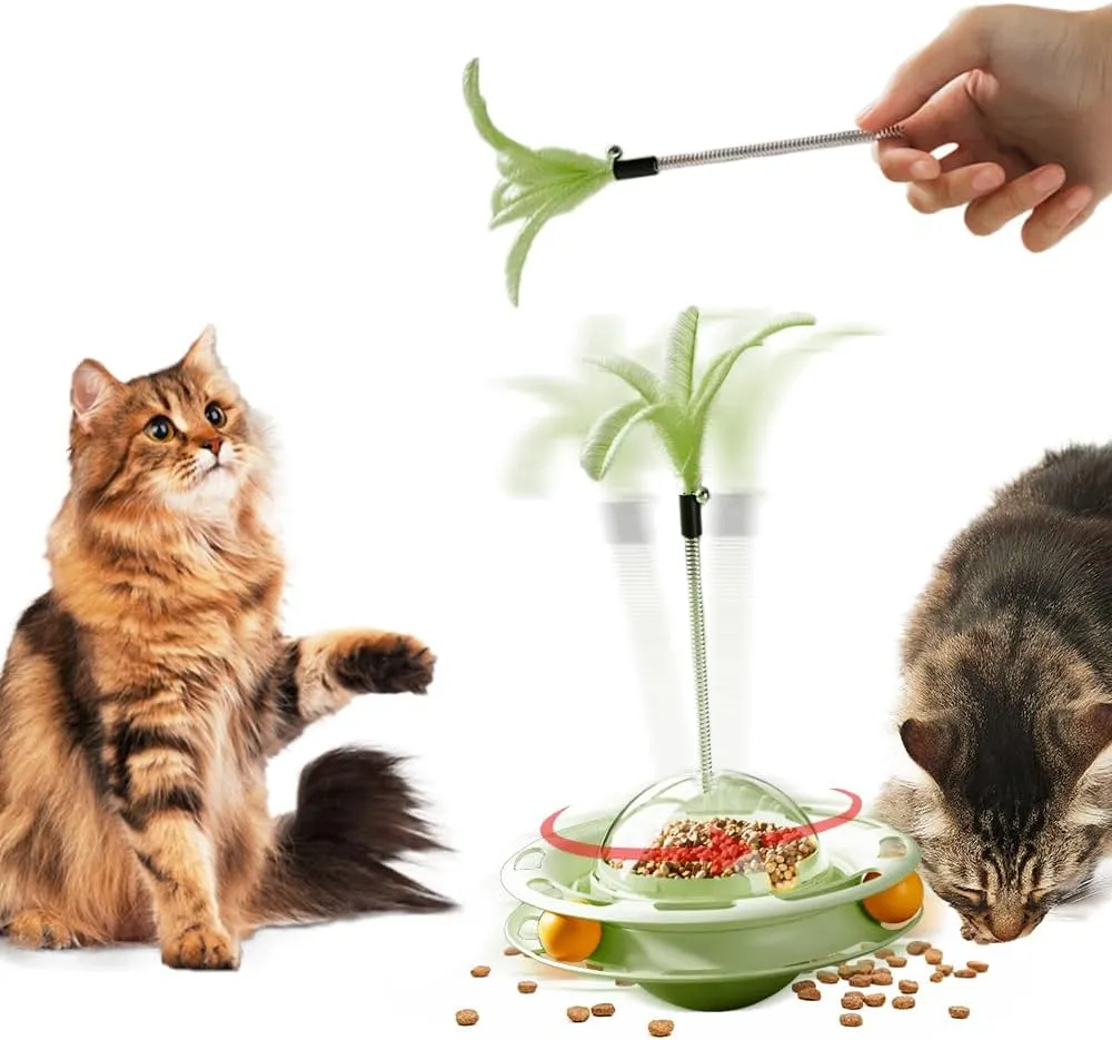 2 in 1 Cat Interactive Toy Roller 3-Level Turntable Cat Slow Feeder Food Dispenser Wand (Green-B)
