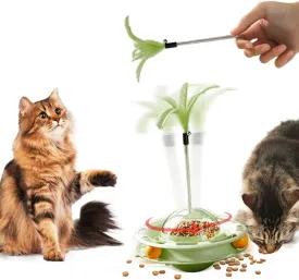 2 in 1 Cat Interactive Toy Roller 3-Level Turntable Cat Slow Feeder Food Dispenser Wand (Green-B)