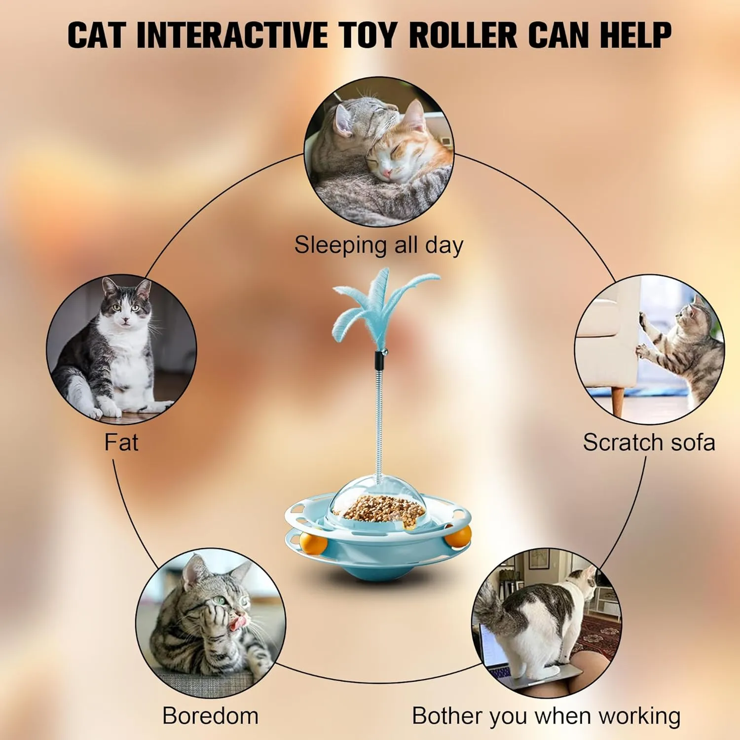 2 in 1 Cat Interactive Toy Roller 3-Level Turntable Cat Slow Feeder Food Dispenser Wand (Green-B)