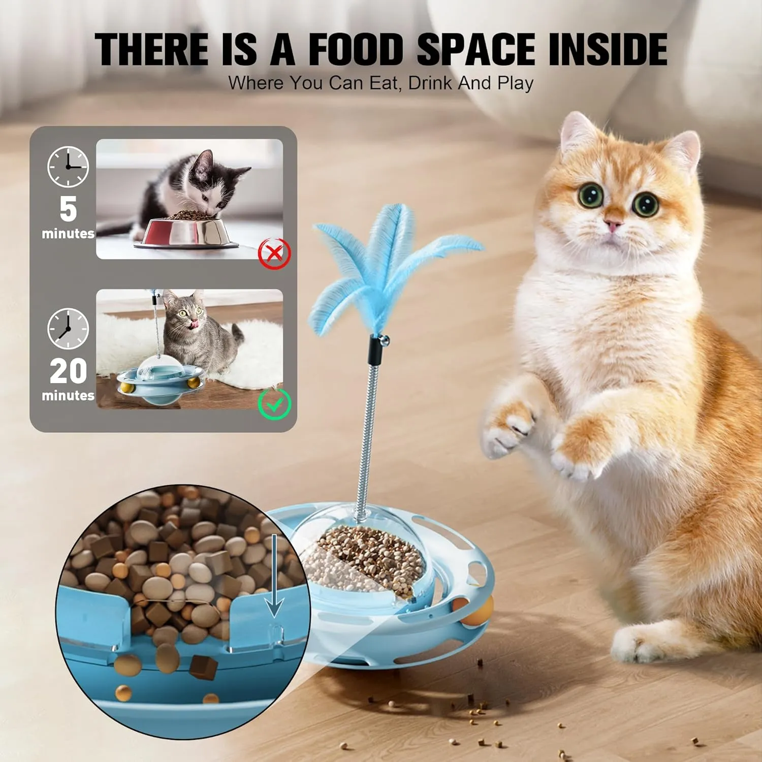 2 in 1 Cat Interactive Toy Roller 3-Level Turntable Cat Slow Feeder Food Dispenser Wand (Green-B)