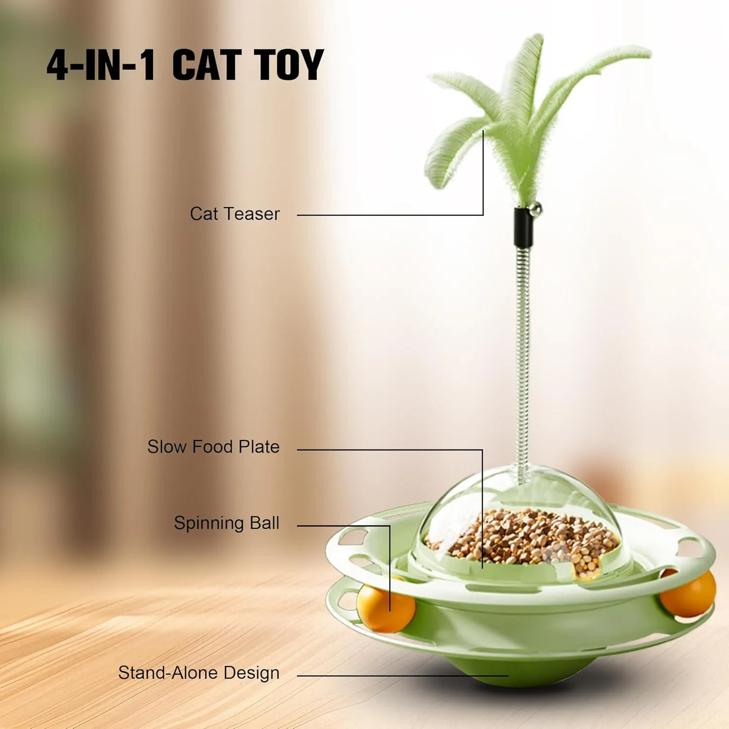 2 in 1 Cat Interactive Toy Roller 3-Level Turntable Cat Slow Feeder Food Dispenser Wand (Green-B)
