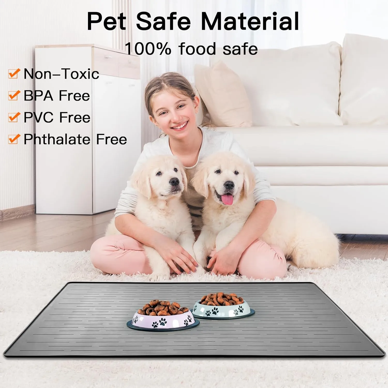 39.4"x29.5" Large Pet Food Mat, Silicone Dog Mats for Food and Water, Nonslip Pet Feeding Mats for Floors,Dog Cat Bowl Mat with Raised Edges, Light Gray