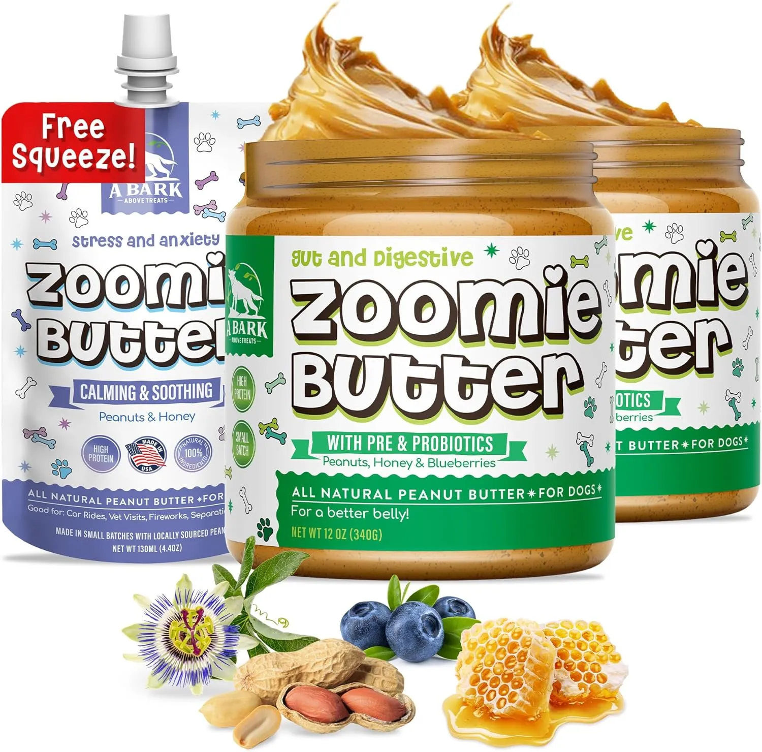 All Natural Gut Health 2-Pack   Free Separation Anxiety Squeeze | Portable Treat for Fireworks, Vet, Car | Human Grade, Healthy Dog & Puppy Probiotic & Calming Support Supplement