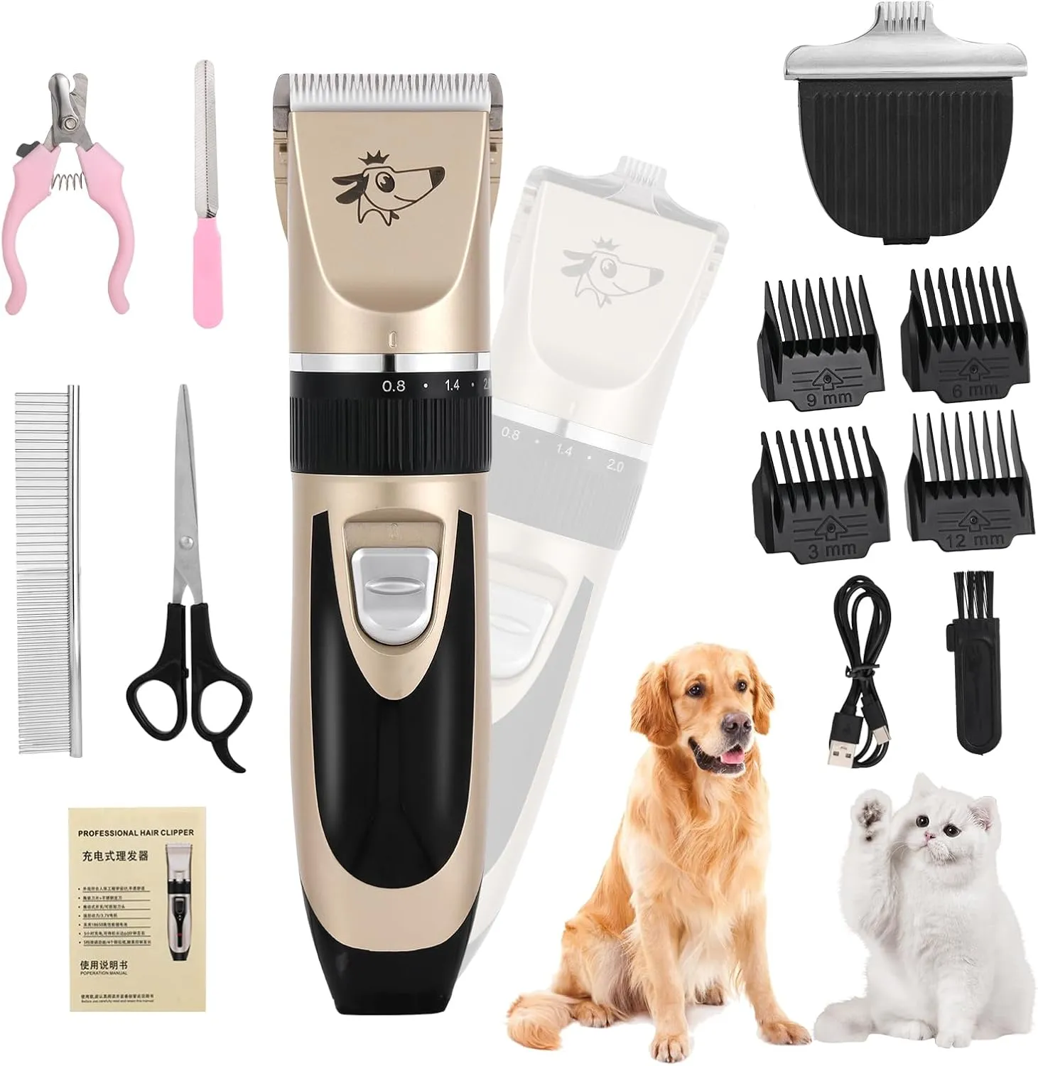 Aovdy Dog Clippers Grooming Kit Dog Shaver Clippers Hair and Paw Electric Cleaning Hair Clippers Set for Dogs Cats Rabbit (Gold, Scissor Set Foot Shaving Blade)