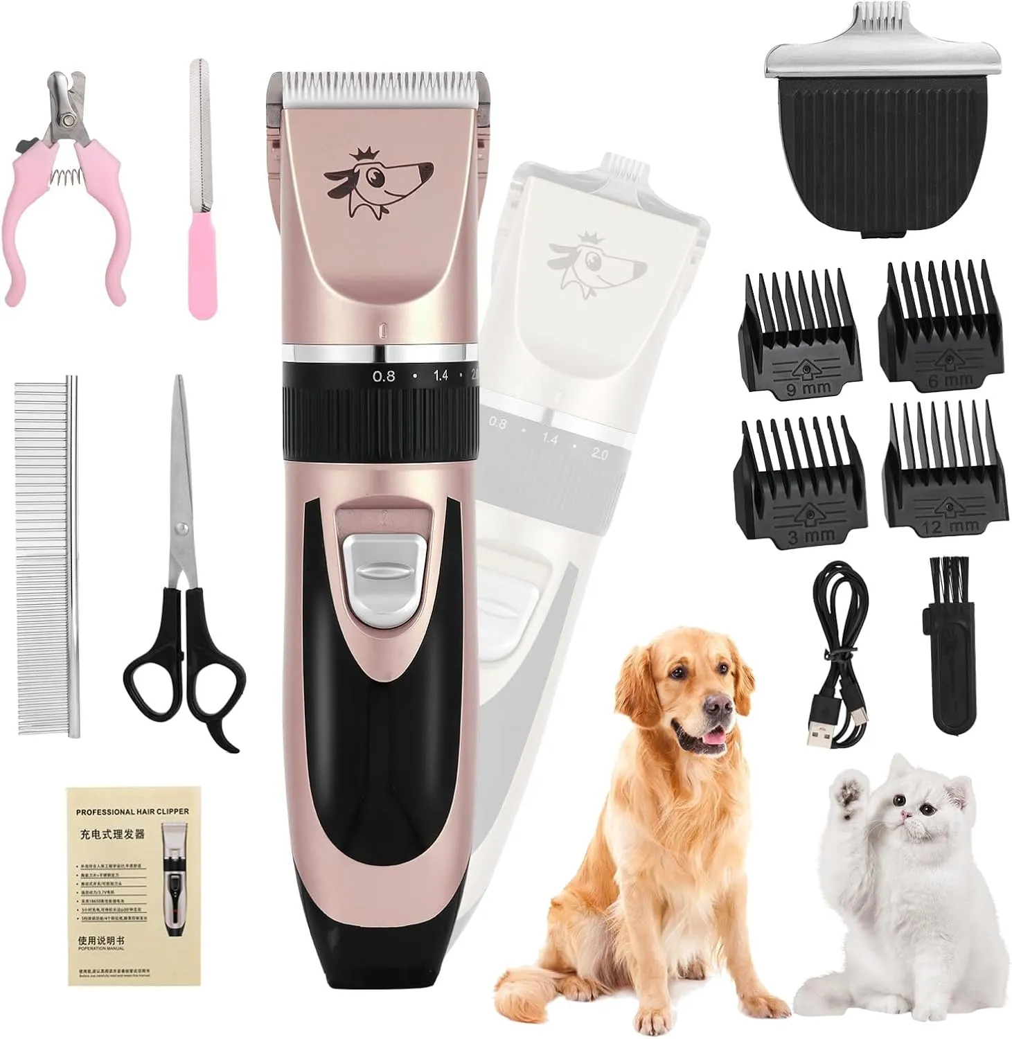 Aovdy Dog Clippers Grooming Kit Dog Shaver Clippers Hair and Paw Electric Cleaning Hair Clippers Set for Dogs Cats Rabbit (Rose Gold, Scissor Set Foot Shaving Blade)
