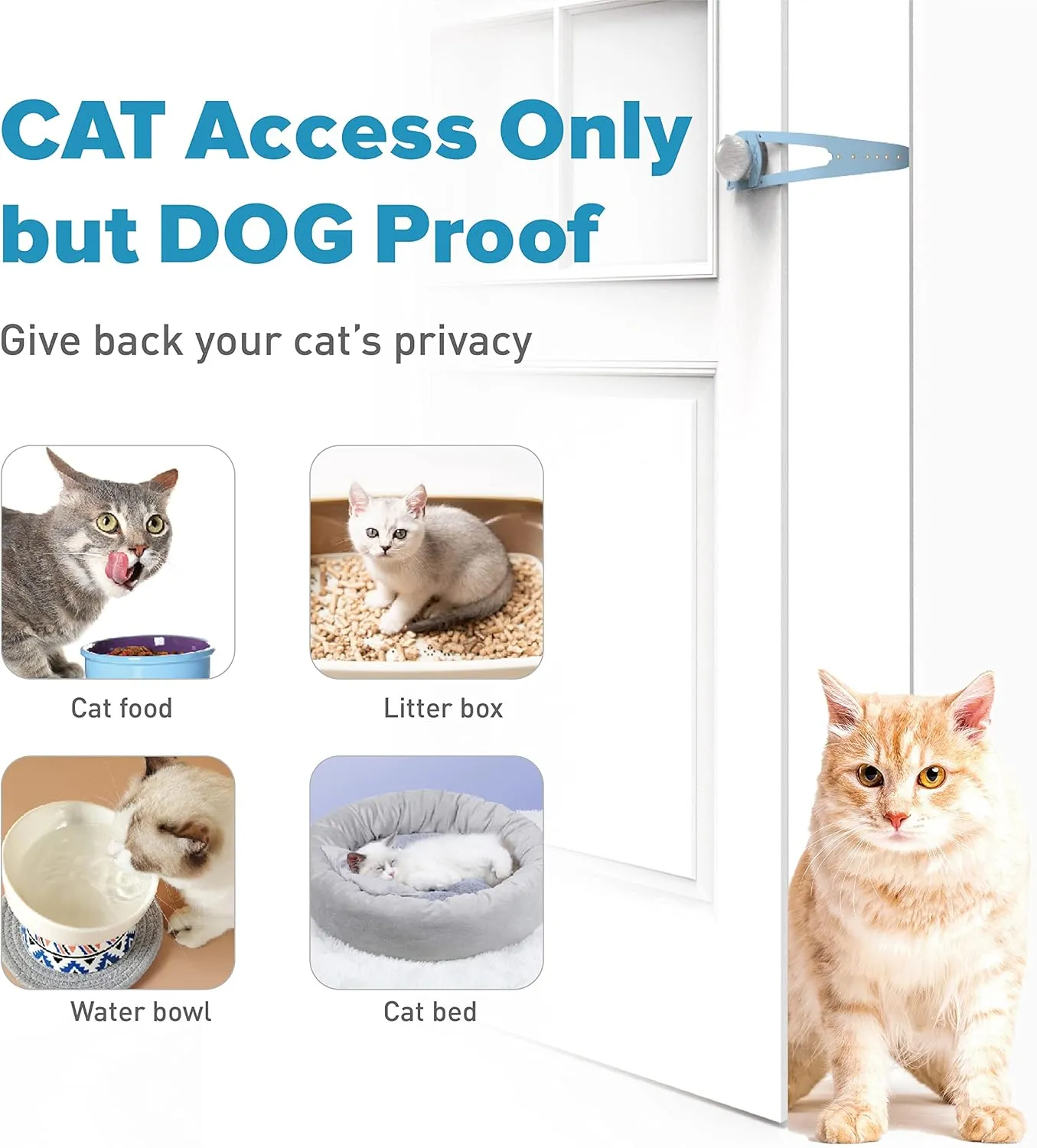 Cat Door Latch with Stabilizer, 7 Sizes Adjustable Door Latch for Cat to Keep Dog Out of Litter Box, Economical Alternative of Pet Gates and Interior Pet Door, Plastic