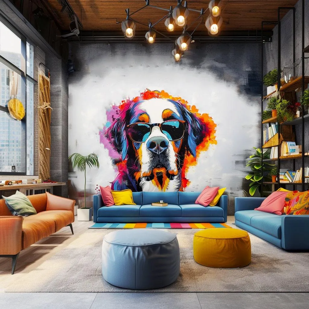 Colorful St. Bernard with Glasses Wall Decal - Bold Watercolor Bernese Mountain Dog Art Sticker