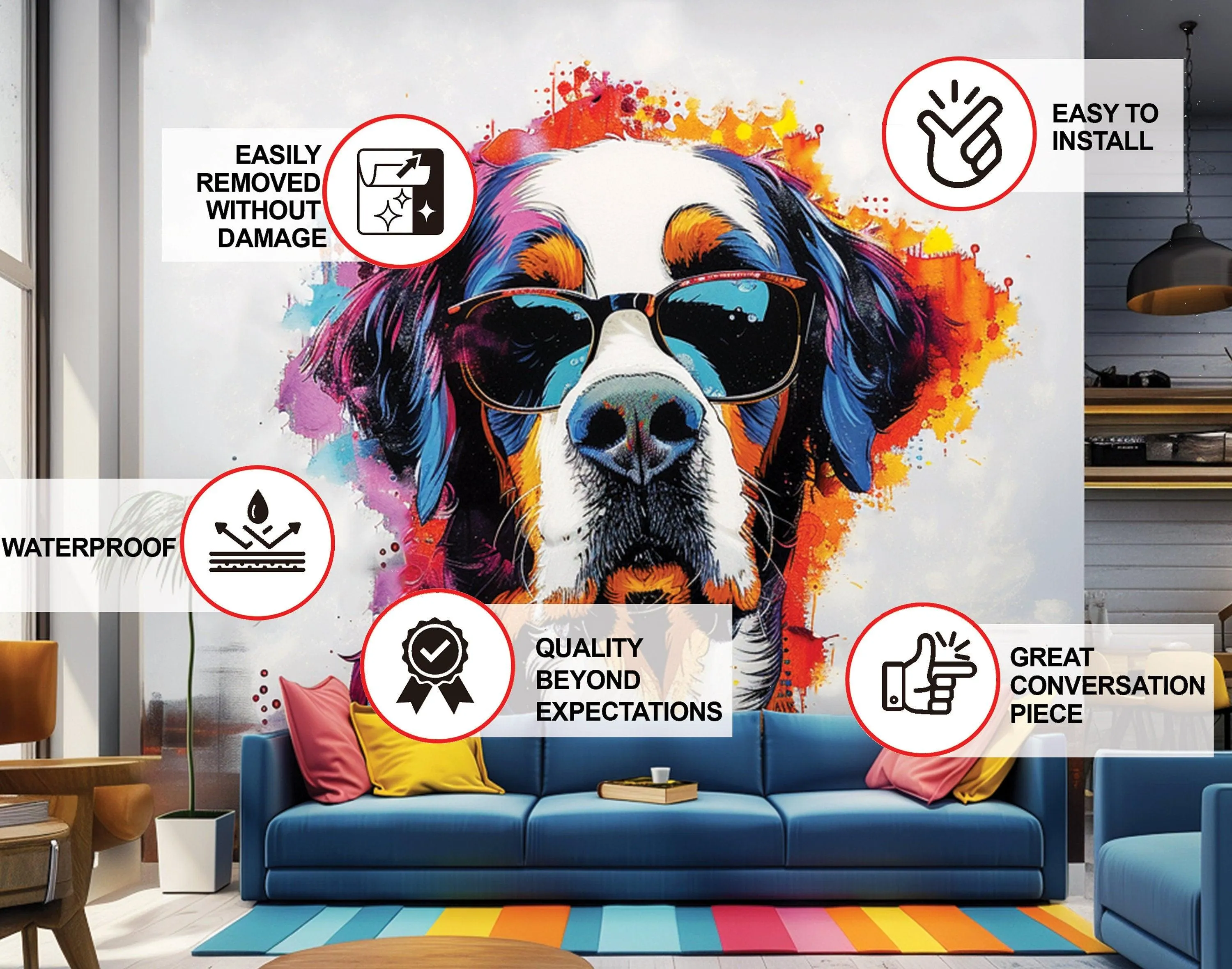 Colorful St. Bernard with Glasses Wall Decal - Bold Watercolor Bernese Mountain Dog Art Sticker