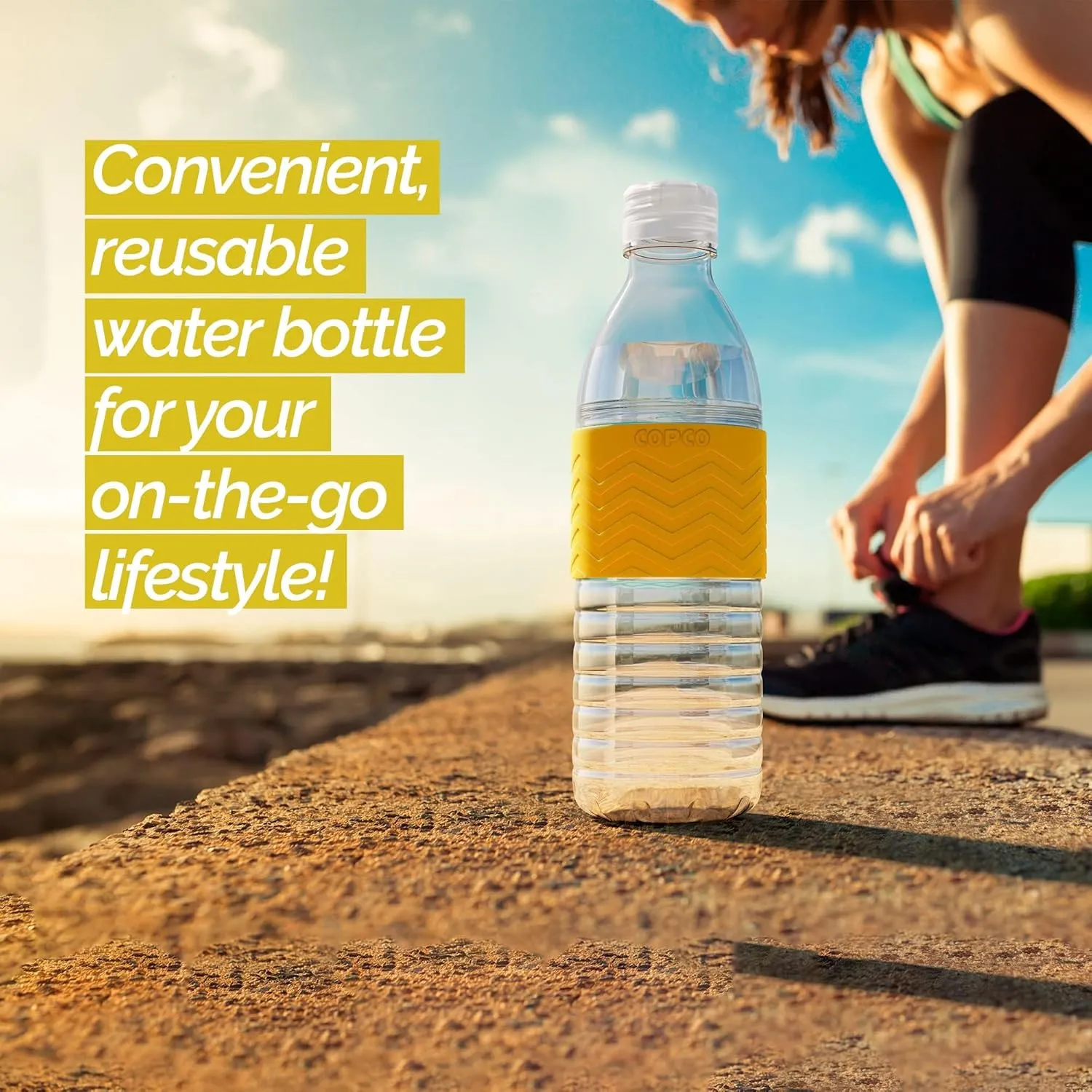 Copco Hydra 16.9 oz Water Bottle with Leak-Proof Lid - Tritan Reusable with Textured Grip Sleeve - BPA-Free, Shatter-Resistant, Dishwasher Safe for Travel, Gym, Work, Outdoors (Chevron Buttercream)