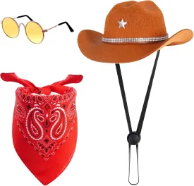 Cowboy Costume Set for Dogs Cat Pet Mini Cowboy Hat Sunglasses with Bandana for Halloween Holiday Party Cosplay (Brown)