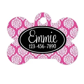 Custom Pet Tags - Custom Pet ID Tag - Custom Pet Name Tags - Black Pink Damask Pet Tags