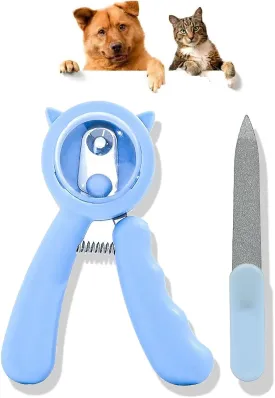 Dog Anti-Splash Pet Nail Clippers and Trimmer Set, Professional Stainless Steel Dog & Cat Nail Clippers with Safety Guard, Nail File, and Non-Slip Handle for Safe, Painless Grooming at Home, Blue