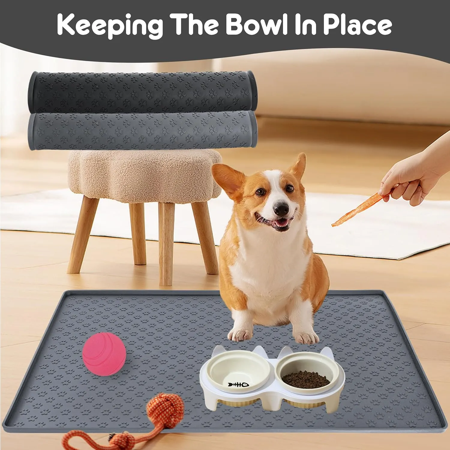 Dog Cat Feeding Mat for Food and Water 23.6" x 15.7" Silicone Waterproof Pet Mat With Raised Edges to Prevent Spills (Silicone-Grey)