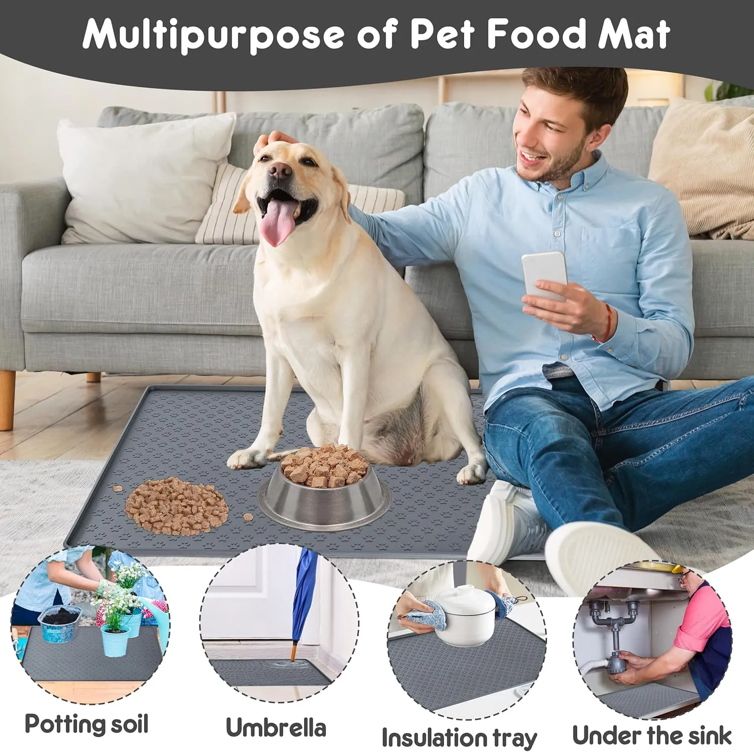Dog Cat Feeding Mat for Food and Water 23.6" x 15.7" Silicone Waterproof Pet Mat With Raised Edges to Prevent Spills (Silicone-Grey)