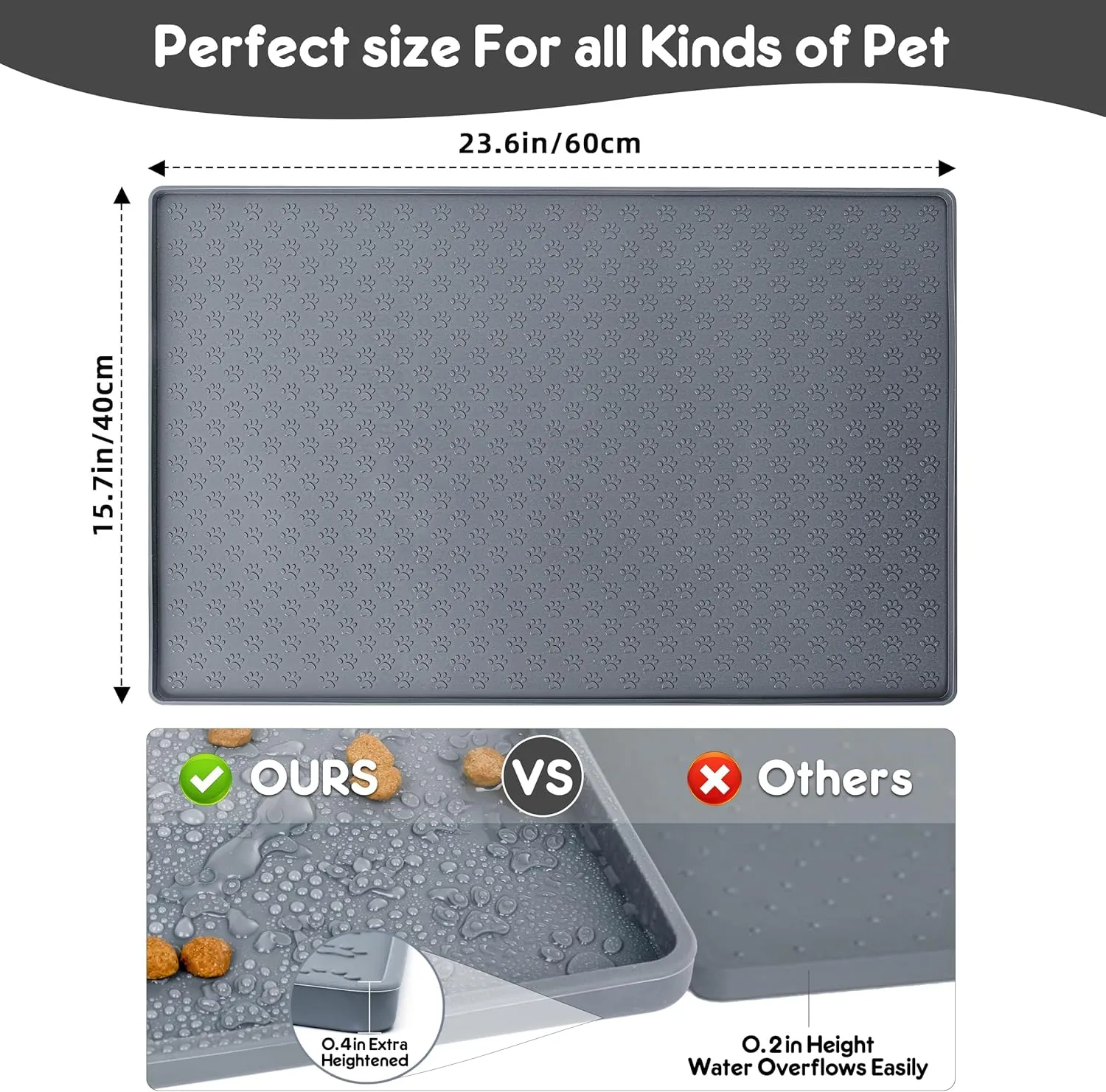 Dog Cat Feeding Mat for Food and Water 23.6" x 15.7" Silicone Waterproof Pet Mat With Raised Edges to Prevent Spills (Silicone-Grey)