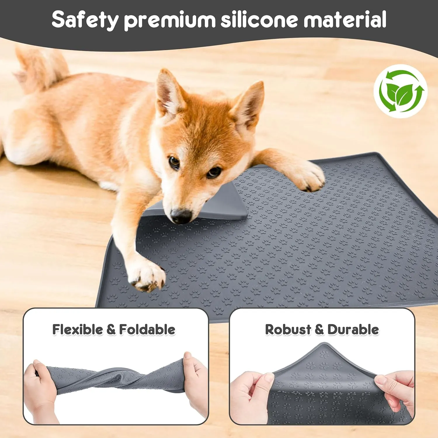 Dog Cat Feeding Mat for Food and Water 23.6" x 15.7" Silicone Waterproof Pet Mat With Raised Edges to Prevent Spills (Silicone-Grey)