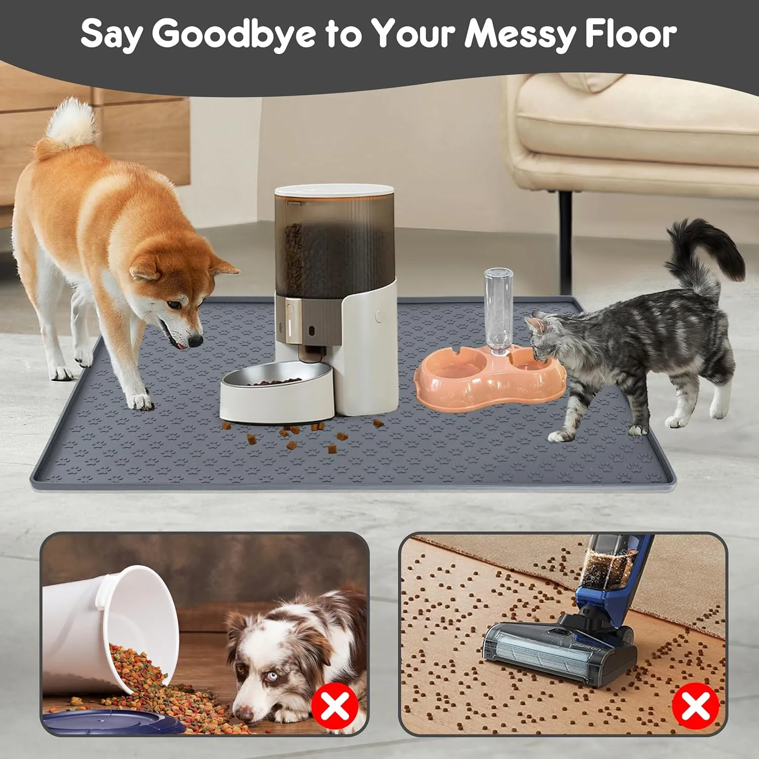 Dog Cat Feeding Mat for Food and Water 23.6" x 15.7" Silicone Waterproof Pet Mat With Raised Edges to Prevent Spills (Silicone-Grey)