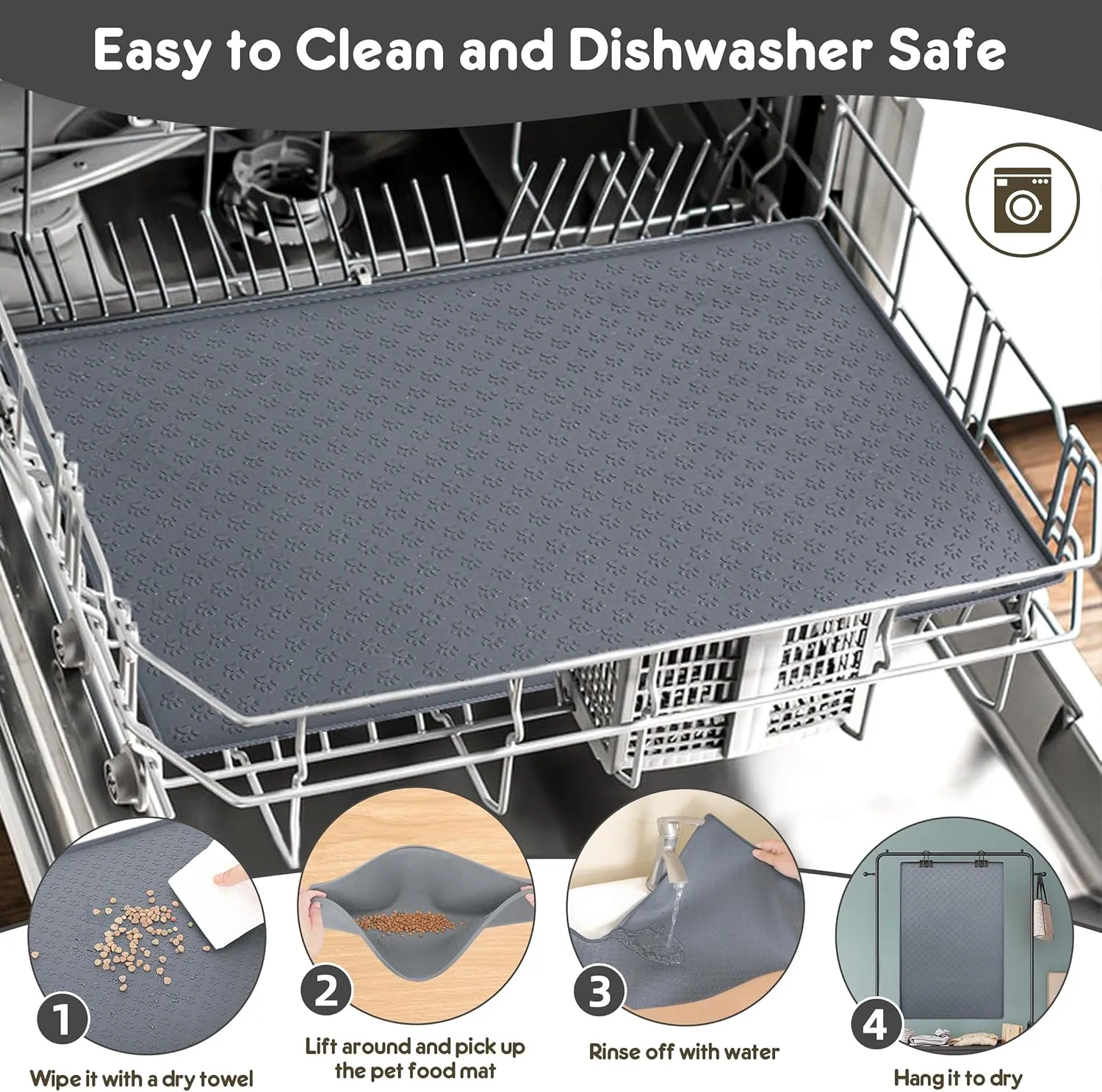 Dog Cat Feeding Mat for Food and Water 23.6" x 15.7" Silicone Waterproof Pet Mat With Raised Edges to Prevent Spills (Silicone-Grey)