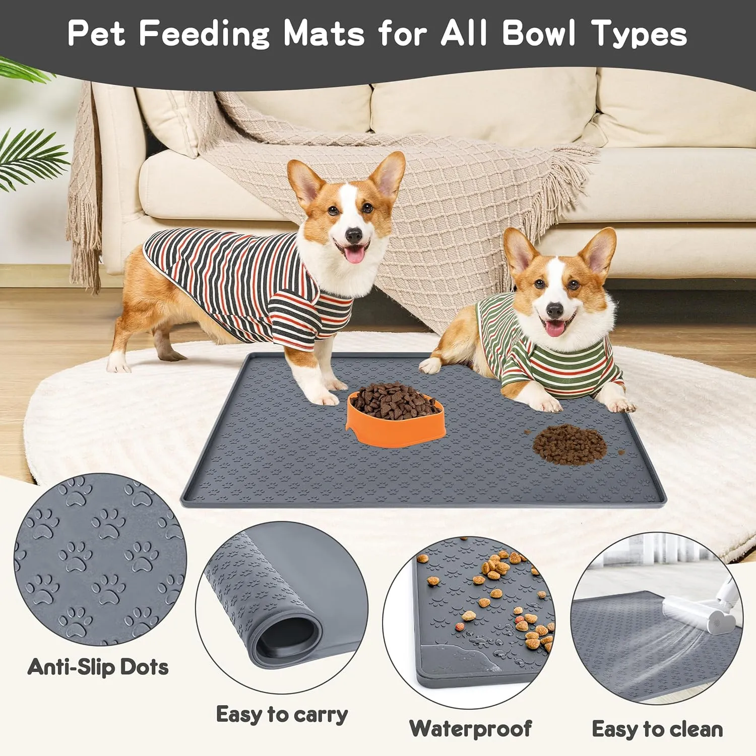 Dog Cat Feeding Mat for Food and Water 23.6" x 15.7" Silicone Waterproof Pet Mat With Raised Edges to Prevent Spills (Silicone-Grey)