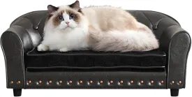 Dog Couch,Puppy Bed,Cat Sofa,Cat Couch,Pet Sofa,Dog Chair,Small Pet Bed with Copper Nail and Wooden Frame, Leather Fabric and Cushion,for Small Animals Using (Black)