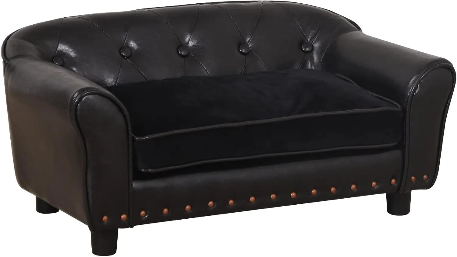 Dog Couch,Puppy Bed,Cat Sofa,Cat Couch,Pet Sofa,Dog Chair,Small Pet Bed with Copper Nail and Wooden Frame, Leather Fabric and Cushion,for Small Animals Using (Black)