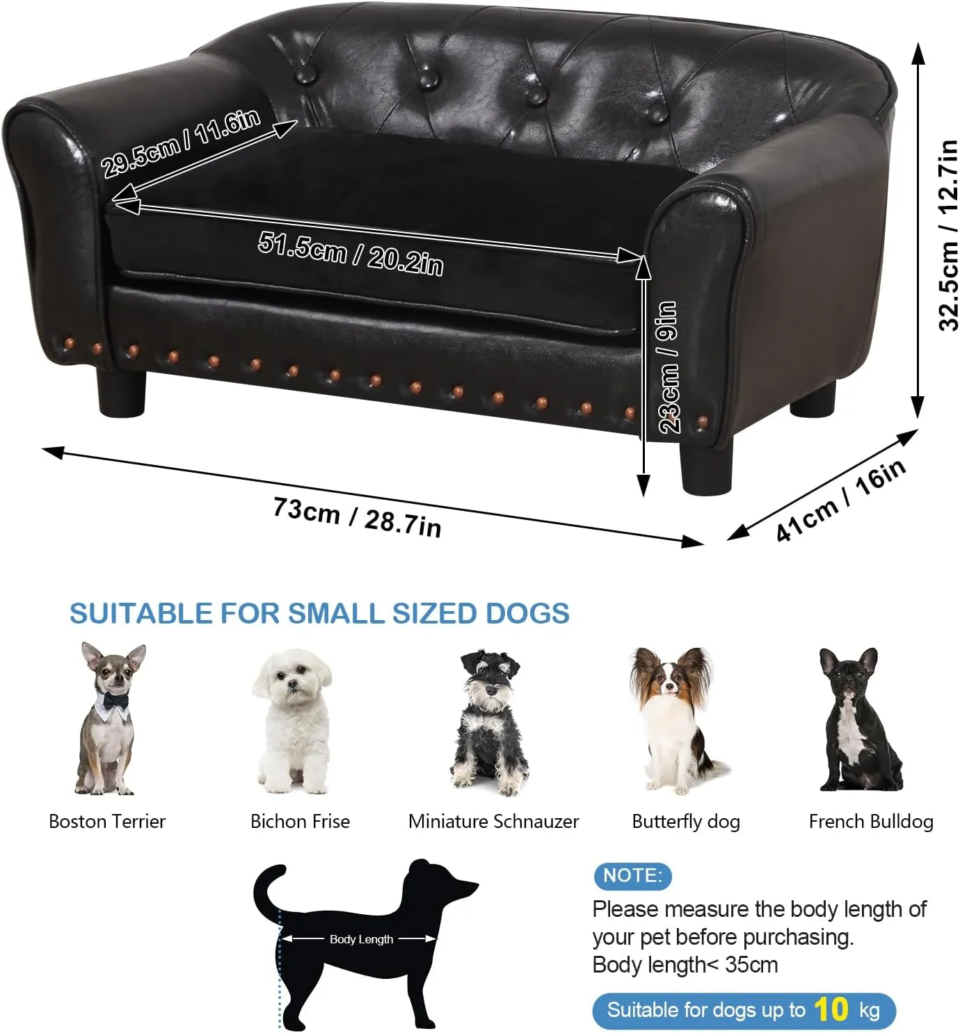 Dog Couch,Puppy Bed,Cat Sofa,Cat Couch,Pet Sofa,Dog Chair,Small Pet Bed with Copper Nail and Wooden Frame, Leather Fabric and Cushion,for Small Animals Using (Black)