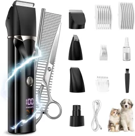 Dog Grooming Kit 5 in 1(Comb&Scissor) - Low Noise Rechargeable Dogs Clippers for Grooming - Waterproof Cordless Dog Hair Trimmer with Paw Trimmer, Nail Grinder, Shaver for Dogs&Cats - LED Pet Clippers