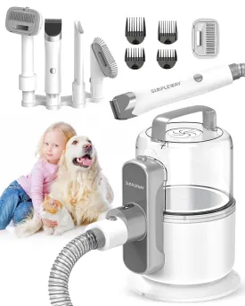 Dog Vacuum Grooming Kit for Shedding: Professional Hair Clippers Pet Groomer - Strong Suction Cleaner Deshedding Tool Fur Brush Attachment Trimmer for Home Cat (Off-White)