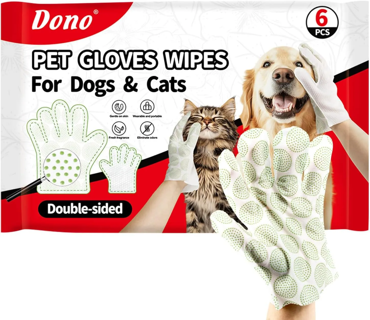Dono Disposable Pet Grooming Gloves Wipes-18Pcs, Soft & Textured Cleaning & Deodorizing Wipes for Dogs & Cats, Deshedding, and Bathing, Grooming, Travel Clean