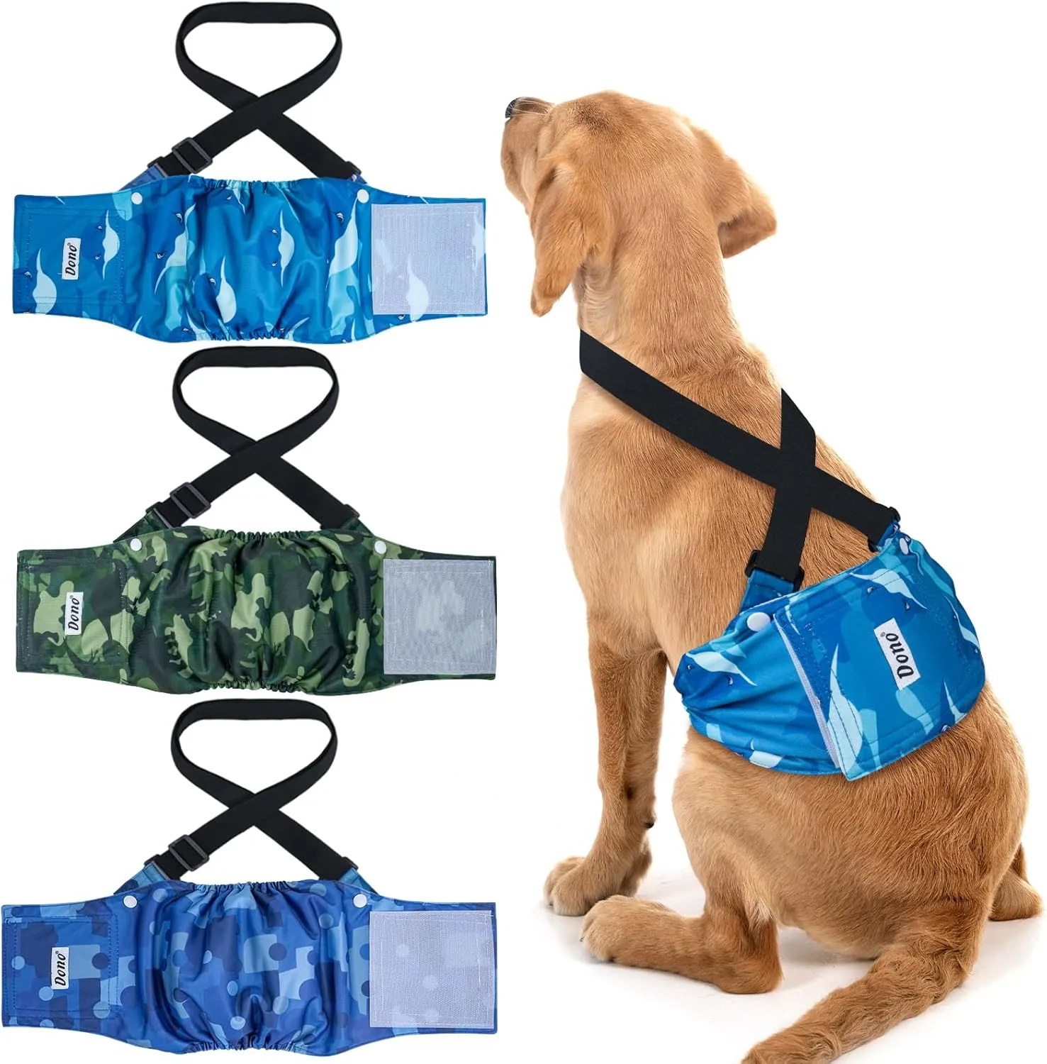 Dono Reusable Belly Bands for Male Dogs with Suspender, 3 Pack Washable Dog Diapers Male, High Absorbency Male Dog Wraps, Leakproof Doggie Puppy Doggy Diapers, Sharks Dinosaurs Trucks, X-Small