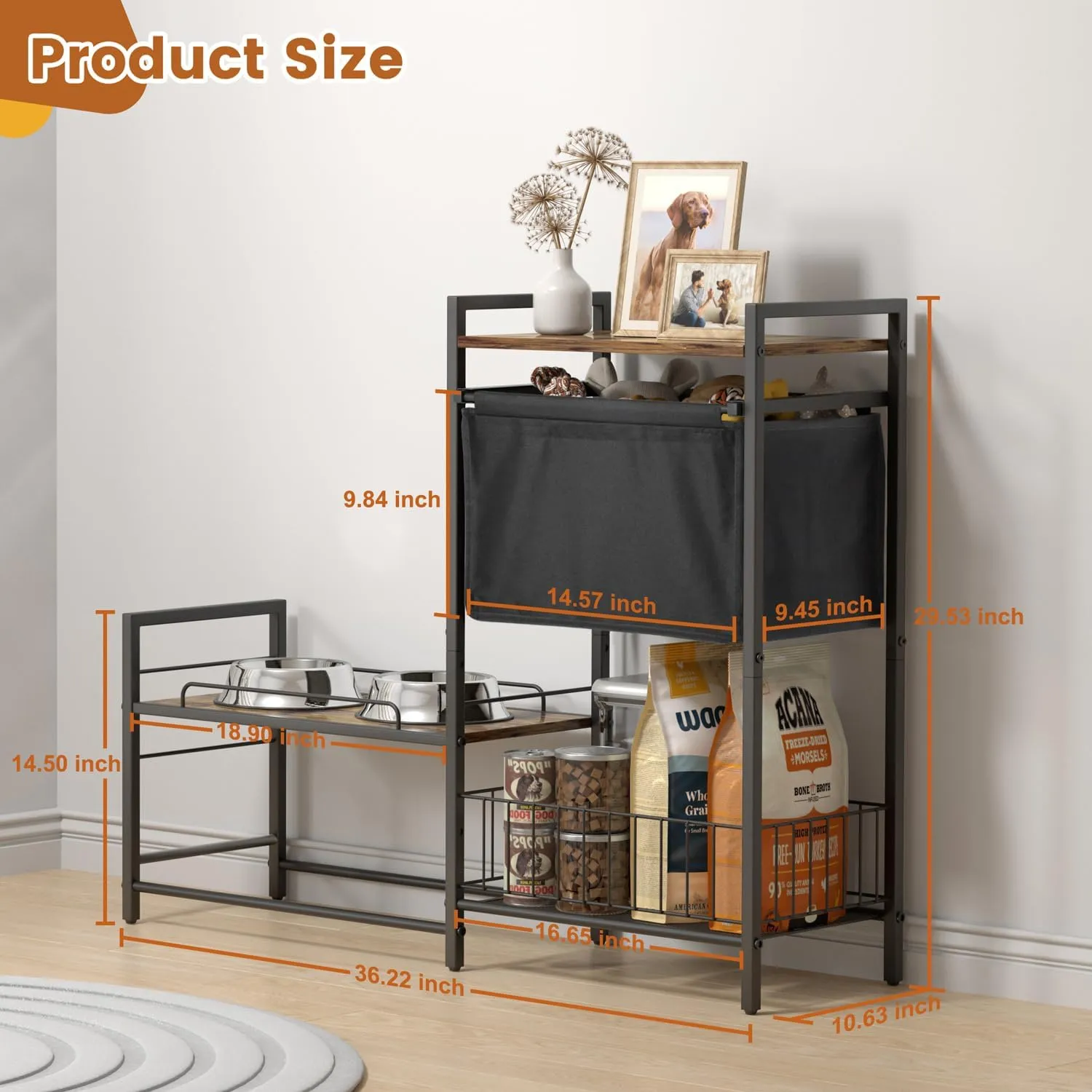 Elevated Dog Bowl Stand with Toy Bin Basket, 4 Height Adjustable Raised Feeding Station Cabinet, Lifted Food and Water Bowl Holder, Pet Storage Organizer for Large Medium Small Dogs