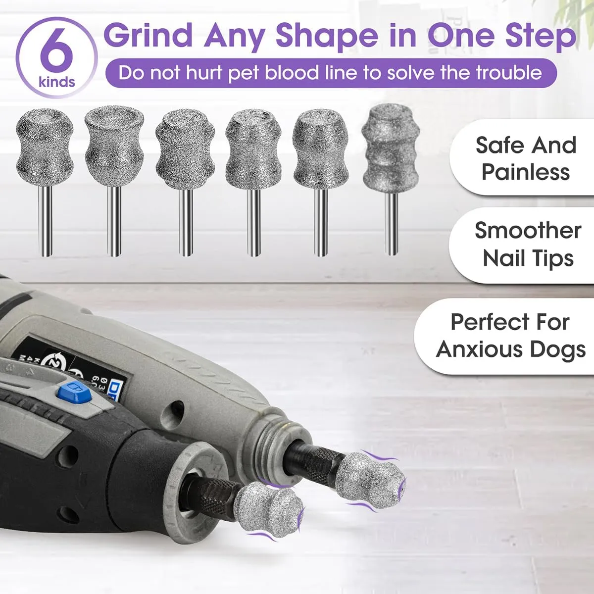 for Dremel Dog Nail Grinder - 1/8'' Diamond Pet Nail Grinder Attachment - Safe and Painless Nail Grinder Bits Won't Pull Hair or Get Hot for Large Medium Small Dogs Claw Grooming