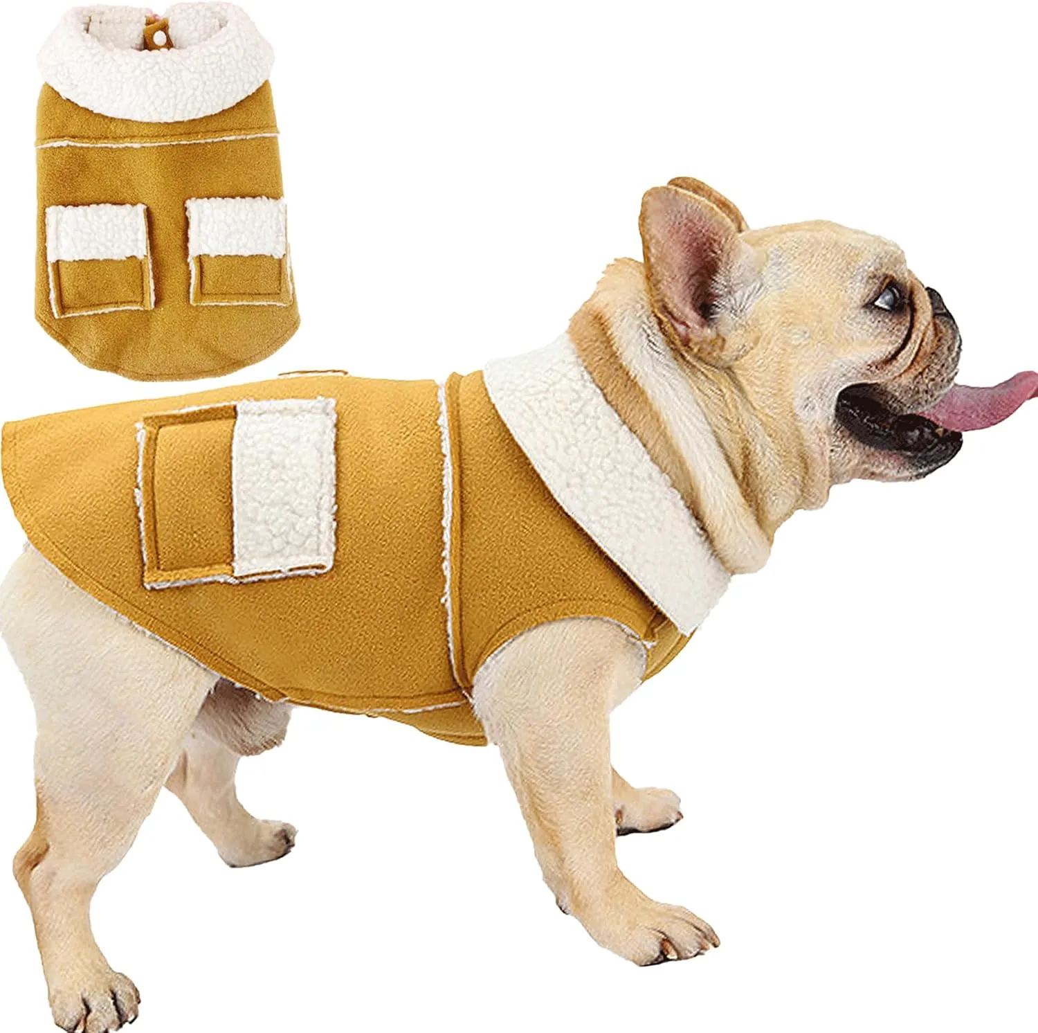 French Bulldog Clothes Frenchie Clothes, Snaps Closure Dog Winter Coat Jacket for Small Medium Dogs, Fleece Warm Dog Sweaters for Small Dogs Boy Girl,Beige,L