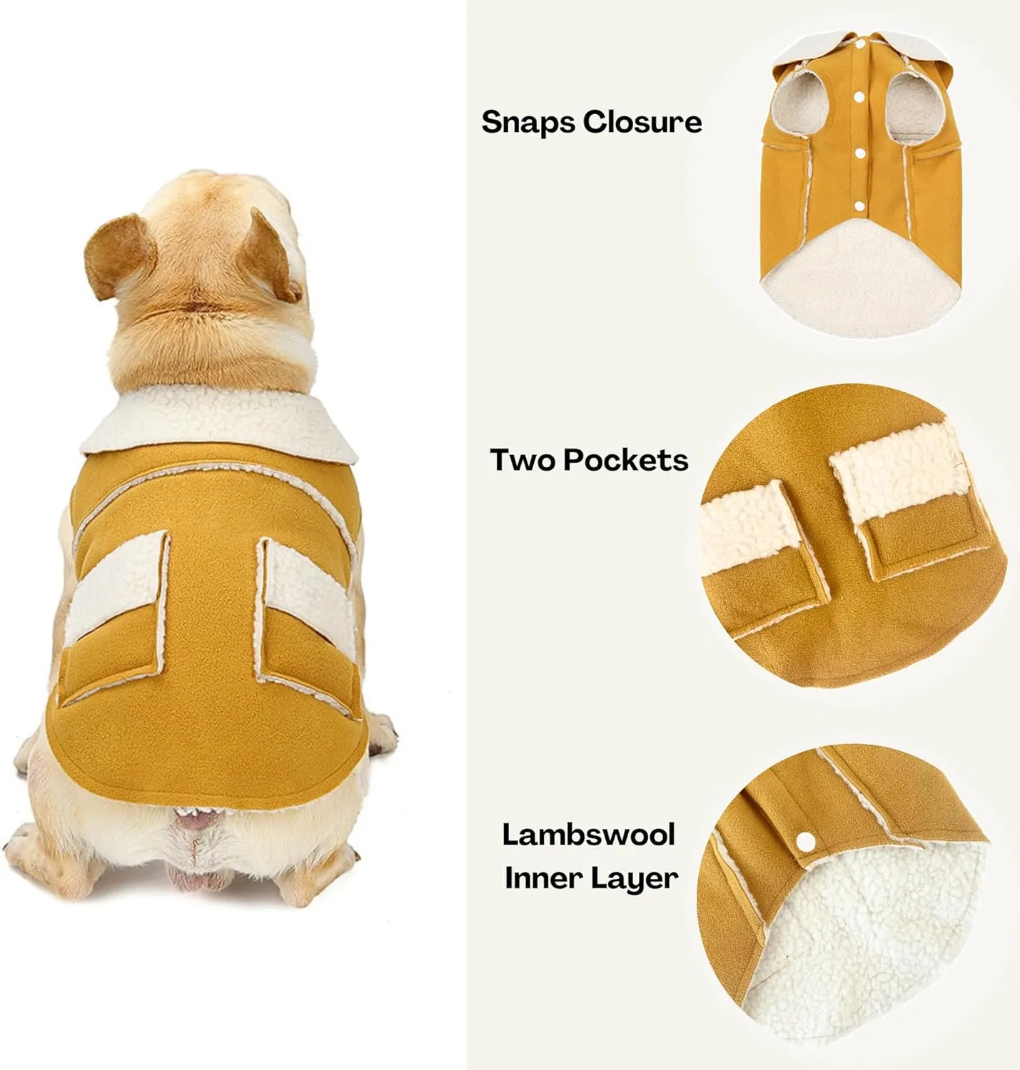 French Bulldog Clothes Frenchie Clothes, Snaps Closure Dog Winter Coat Jacket for Small Medium Dogs, Fleece Warm Dog Sweaters for Small Dogs Boy Girl,Beige,L