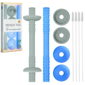 Giftty Teething Tube with Safety Shield Baby Hollow Teether Sensory Toys Gum Massager, Food-Grade Silicone for Infant 3-12 Months Boys Girls, 1 Pair with 4 Cleaning Brush Included (Blue Grey)