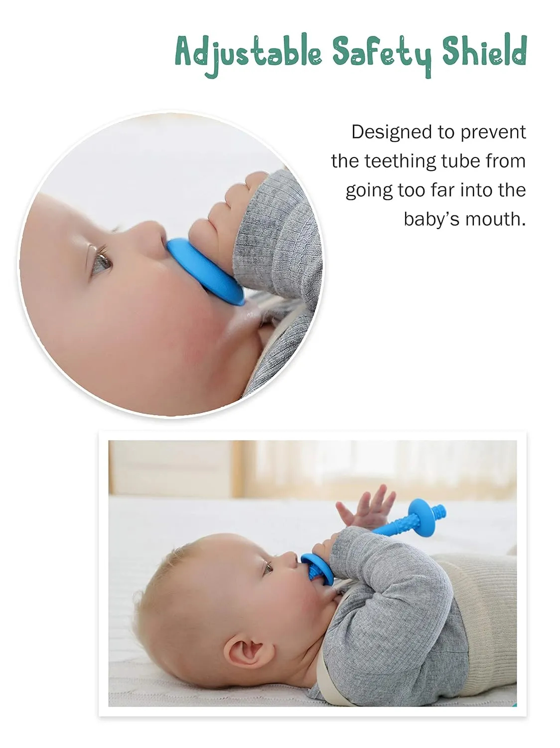 Giftty Teething Tube with Safety Shield Baby Hollow Teether Sensory Toys Gum Massager, Food-Grade Silicone for Infant 3-12 Months Boys Girls, 1 Pair with 4 Cleaning Brush Included (Blue Grey)