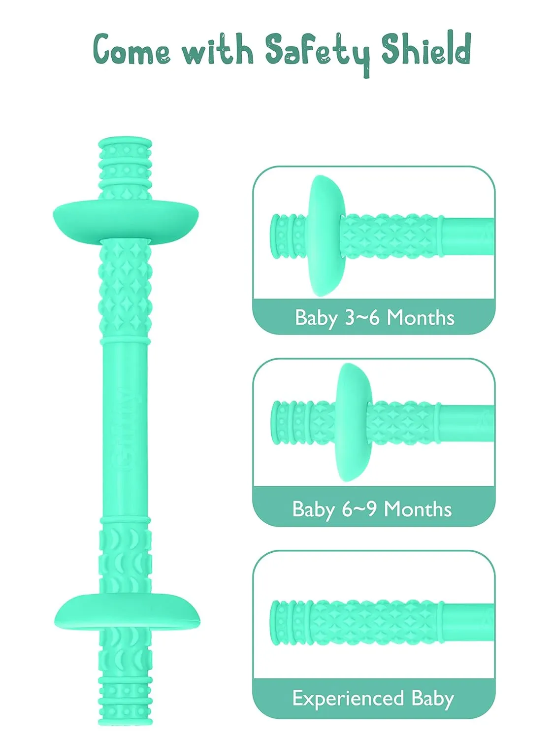 Giftty Teething Tube with Safety Shield Baby Hollow Teether Sensory Toys Gum Massager, Food-Grade Silicone for Infant 3-12 Months Boys Girls, 1 Pair with 4 Cleaning Brush Included (Blue Grey)