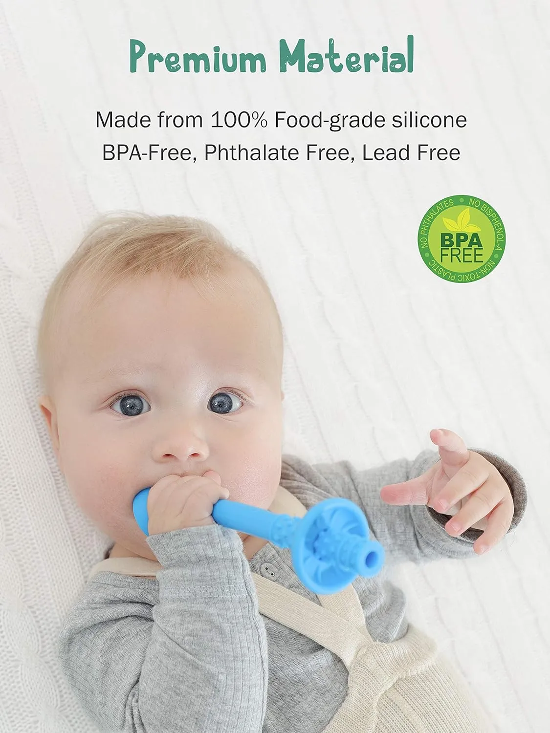Giftty Teething Tube with Safety Shield Baby Hollow Teether Sensory Toys Gum Massager, Food-Grade Silicone for Infant 3-12 Months Boys Girls, 1 Pair with 4 Cleaning Brush Included (Blue Grey)