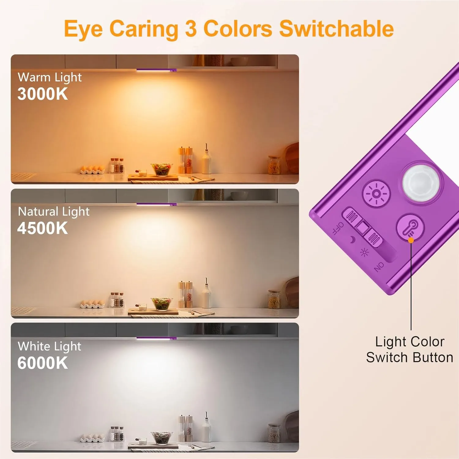 Gritin 10.2inch Under Cabinet Lighting Rechargeable -84 LED Super Bright,3-Color& 5 Level Brightness,4 Modes,Motion Sensor, Long Lasting- Easy Installation Magnetic Closet Lights -2 Pack-Dark Purple