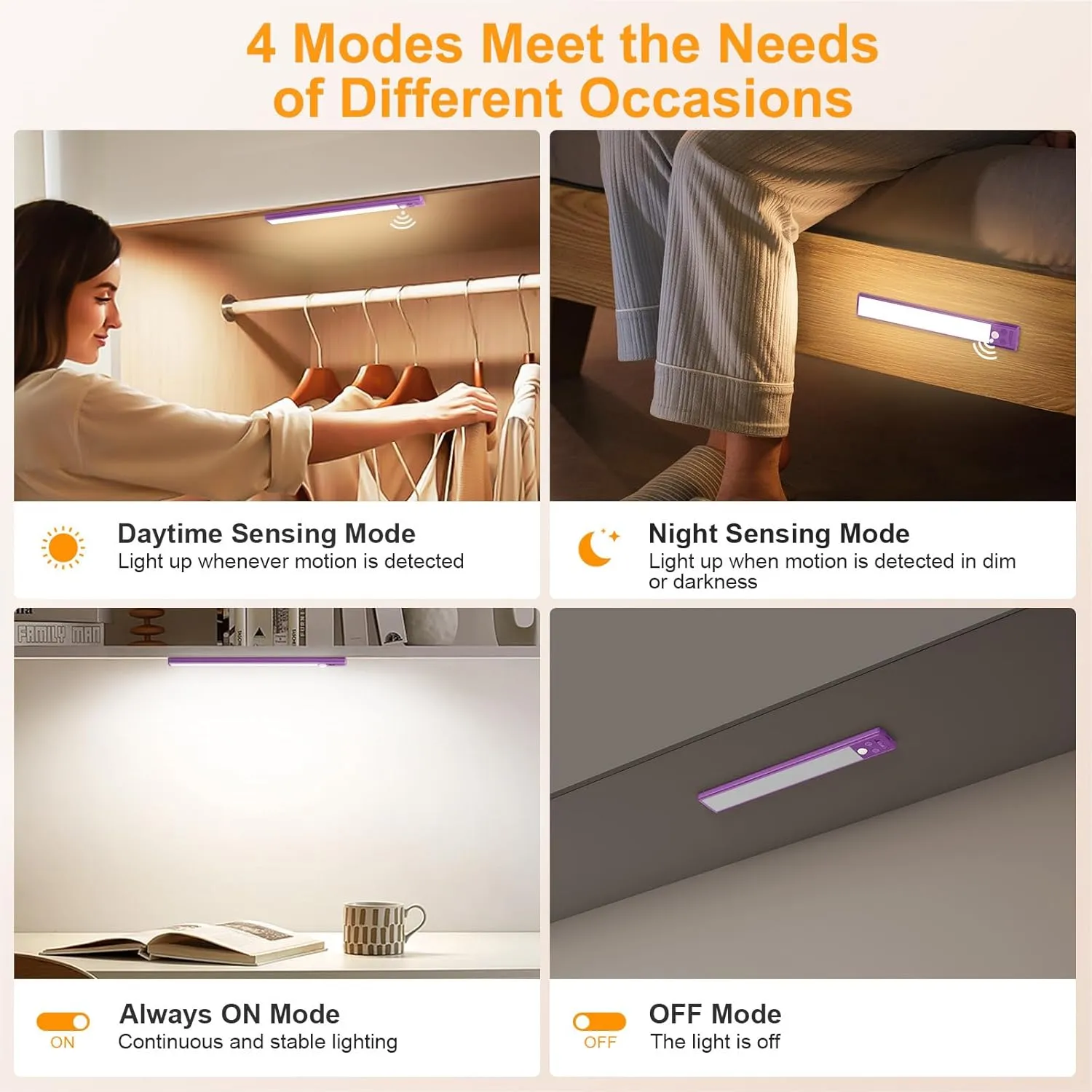Gritin 10.2inch Under Cabinet Lighting Rechargeable -84 LED Super Bright,3-Color& 5 Level Brightness,4 Modes,Motion Sensor, Long Lasting- Easy Installation Magnetic Closet Lights -2 Pack-Dark Purple