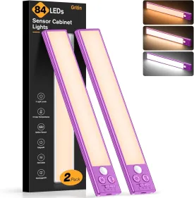 Gritin 10.2inch Under Cabinet Lighting Rechargeable -84 LED Super Bright,3-Color& 5 Level Brightness,4 Modes,Motion Sensor, Long Lasting- Easy Installation Magnetic Closet Lights -2 Pack-Dark Purple
