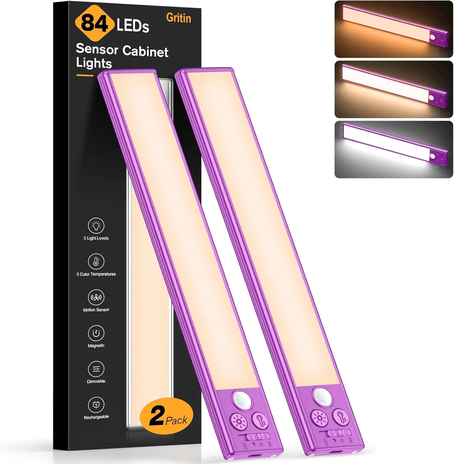 Gritin 10.2inch Under Cabinet Lighting Rechargeable -84 LED Super Bright,3-Color& 5 Level Brightness,4 Modes,Motion Sensor, Long Lasting- Easy Installation Magnetic Closet Lights -2 Pack-Dark Purple