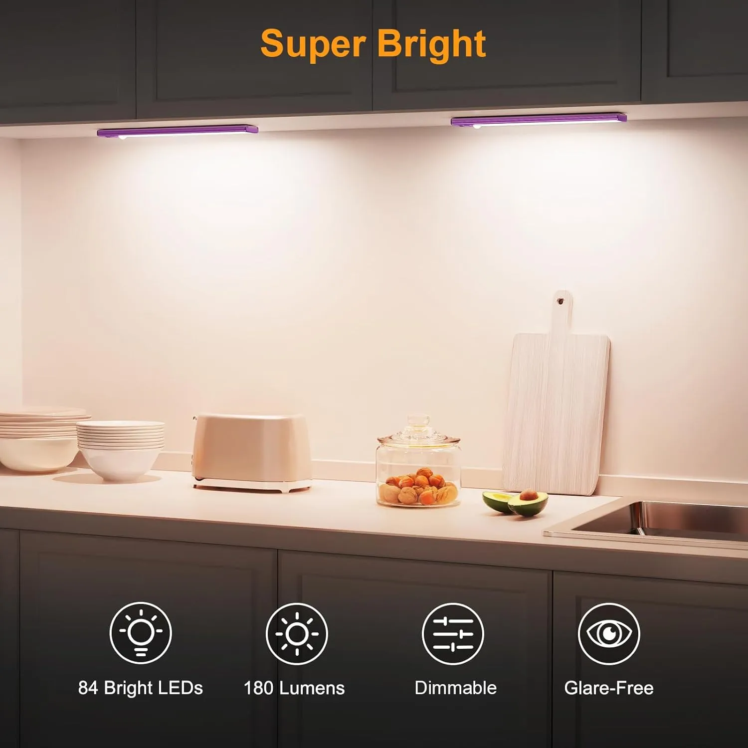 Gritin 10.2inch Under Cabinet Lighting Rechargeable -84 LED Super Bright,3-Color& 5 Level Brightness,4 Modes,Motion Sensor, Long Lasting- Easy Installation Magnetic Closet Lights -2 Pack-Dark Purple