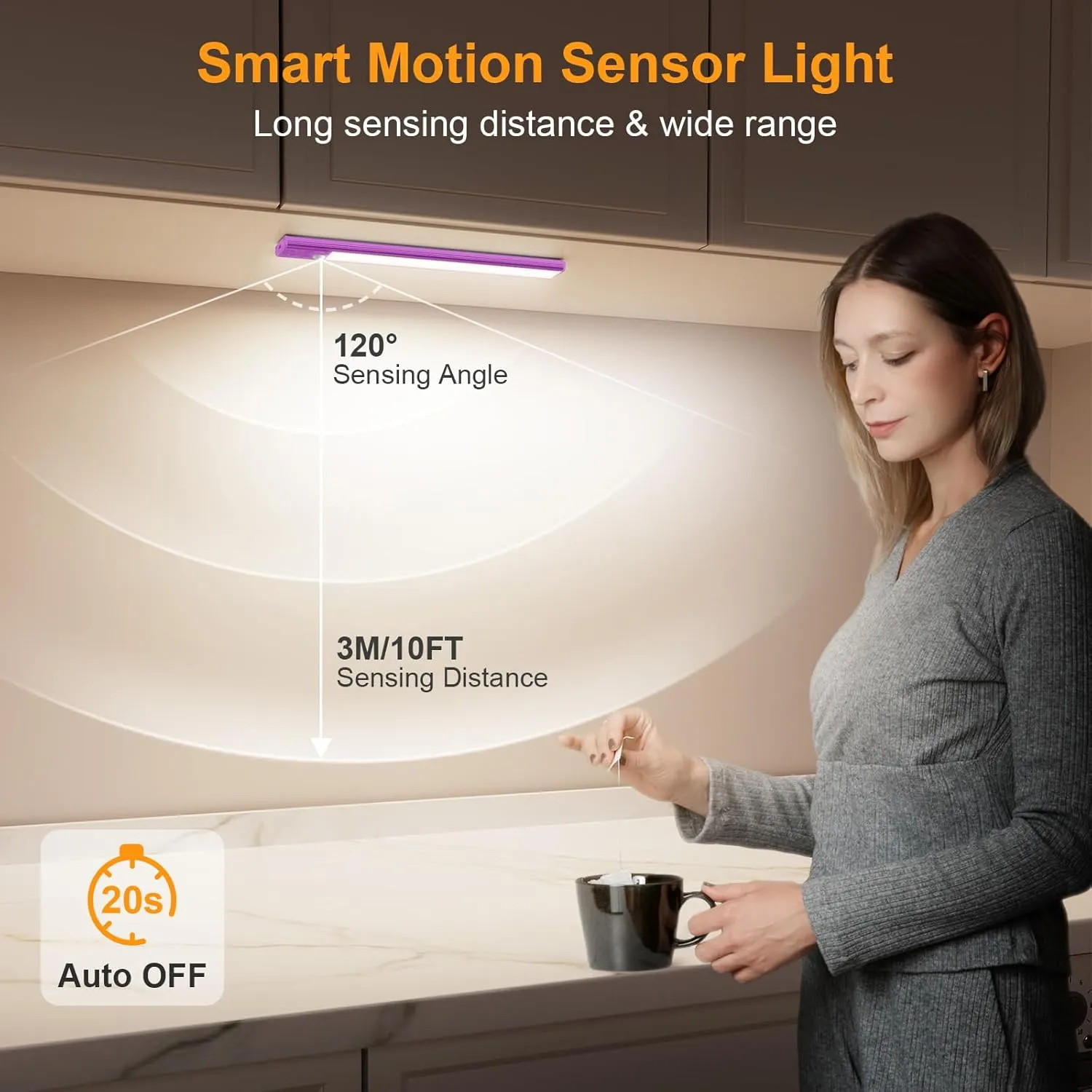 Gritin 10.2inch Under Cabinet Lighting Rechargeable -84 LED Super Bright,3-Color& 5 Level Brightness,4 Modes,Motion Sensor, Long Lasting- Easy Installation Magnetic Closet Lights -2 Pack-Dark Purple