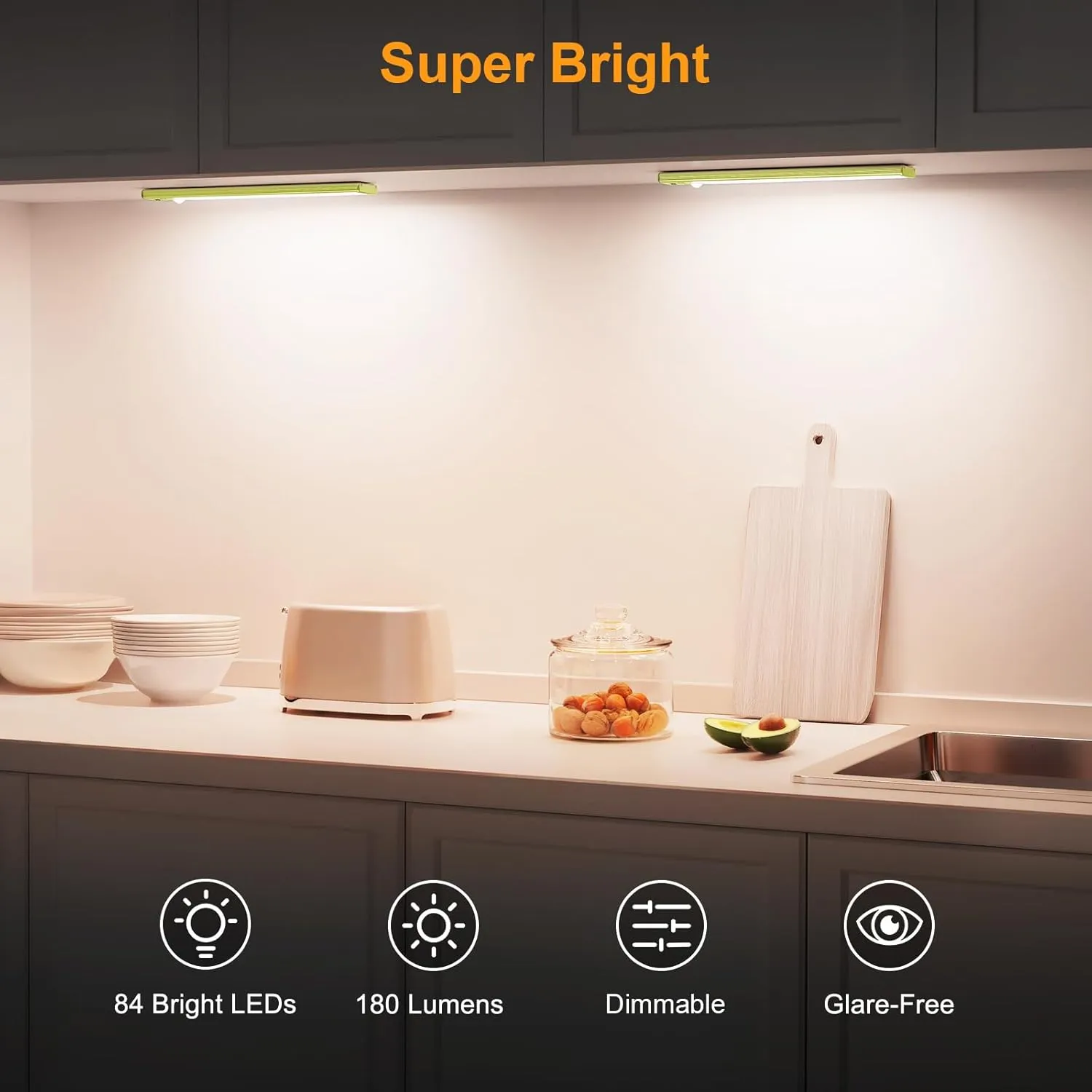 Gritin 10.2inch Under Cabinet Lighting Rechargeable -84 LED Super Bright,3-Color& 5 Level Brightness,4 Modes,Motion Sensor, Long Lasting- Easy Installation Magnetic Closet Lights -2 Pack-Emerald Green