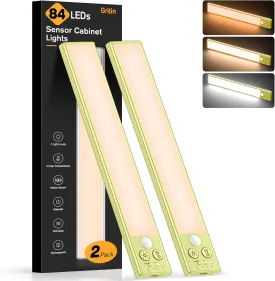 Gritin 10.2inch Under Cabinet Lighting Rechargeable -84 LED Super Bright,3-Color& 5 Level Brightness,4 Modes,Motion Sensor, Long Lasting- Easy Installation Magnetic Closet Lights -2 Pack-Emerald Green