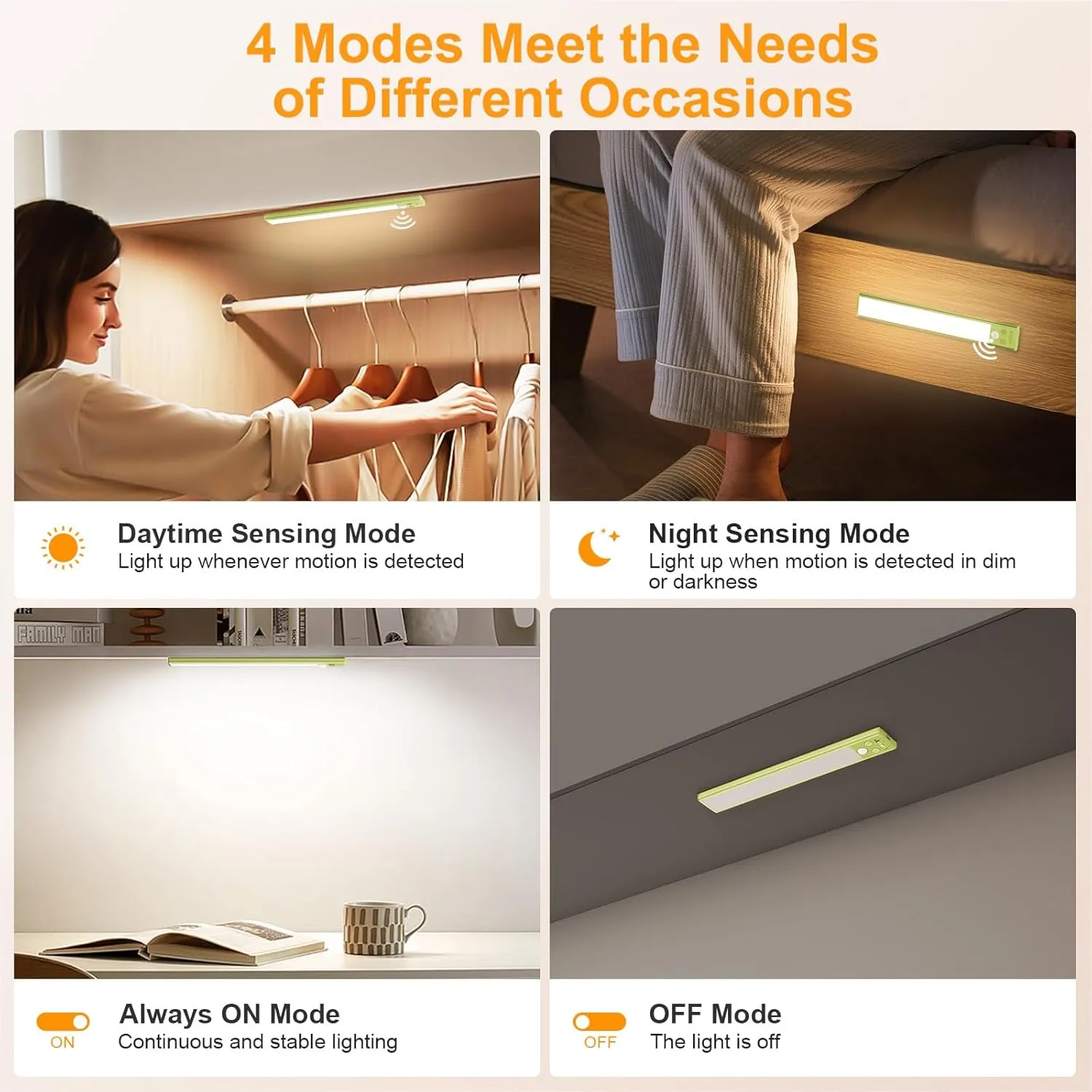 Gritin 10.2inch Under Cabinet Lighting Rechargeable -84 LED Super Bright,3-Color& 5 Level Brightness,4 Modes,Motion Sensor, Long Lasting- Easy Installation Magnetic Closet Lights -2 Pack-Emerald Green