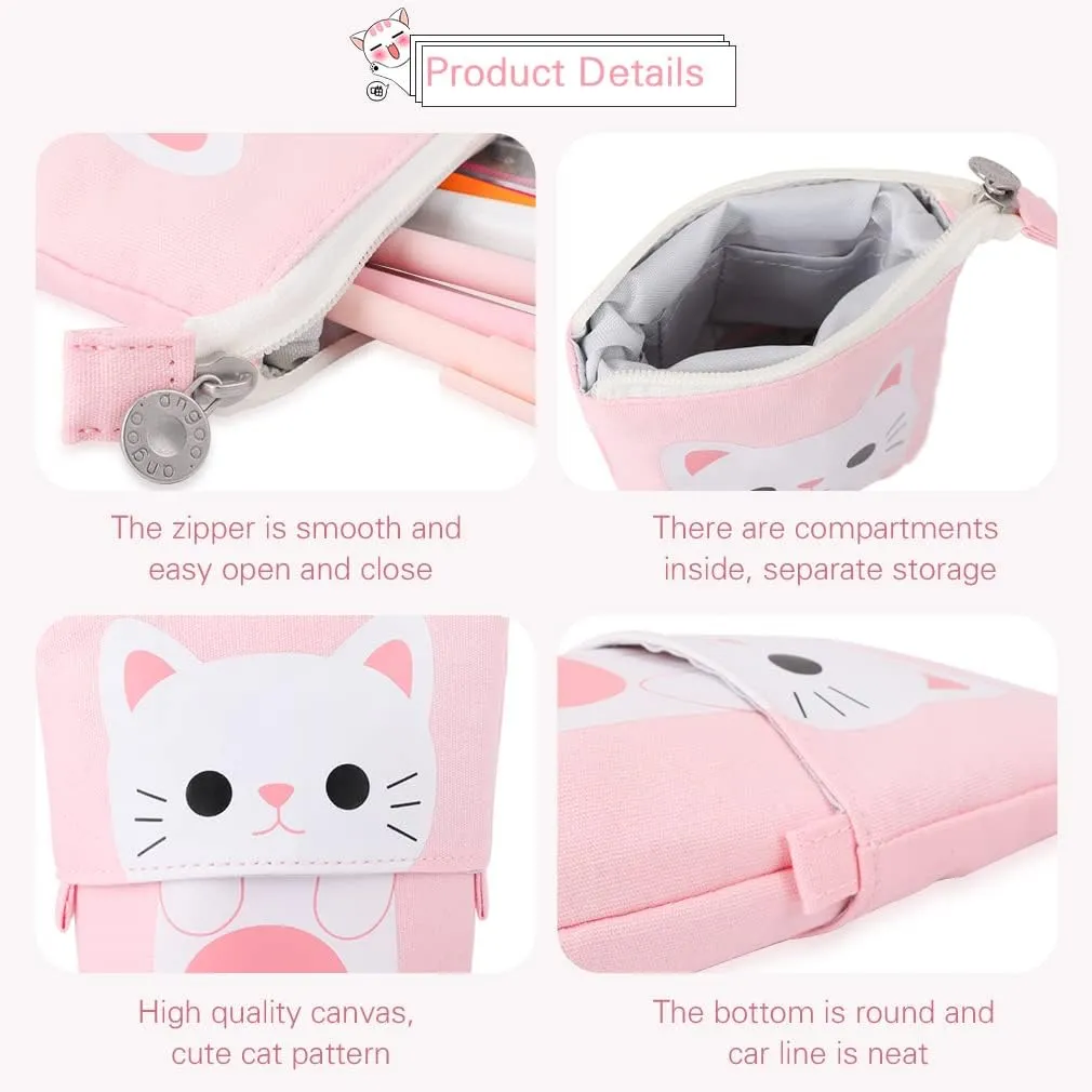 iSuperb Standing Pencil Pouch Pencil Case Cute Cat Telescopic with Zipper Canvas Kwaii Cartoon Pencil Bag Stationery Box for Kids Girls Boys School Supplies 7.5 x 4.9 x 3.0inch/4.1x 3.0inch