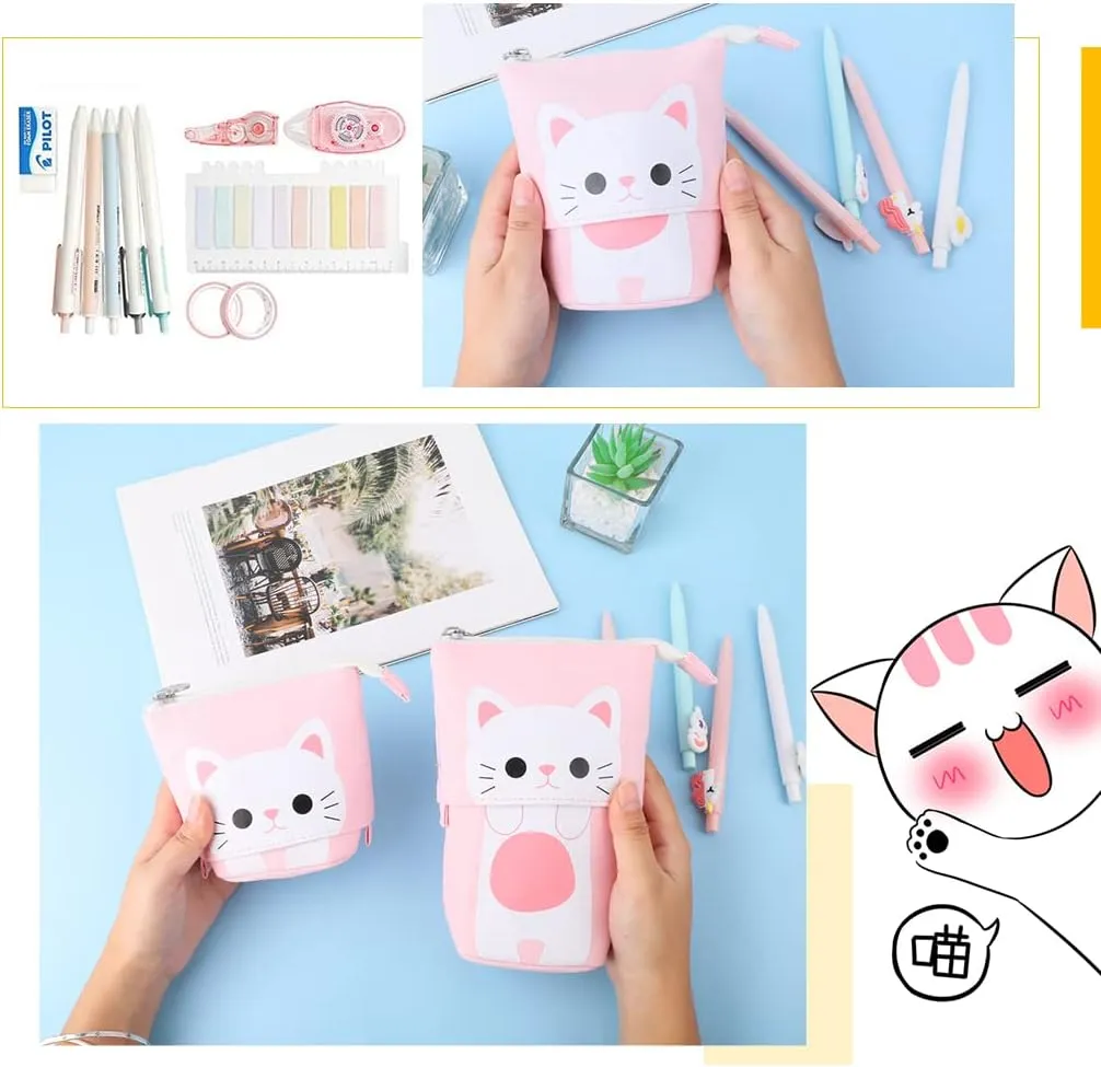iSuperb Standing Pencil Pouch Pencil Case Cute Cat Telescopic with Zipper Canvas Kwaii Cartoon Pencil Bag Stationery Box for Kids Girls Boys School Supplies 7.5 x 4.9 x 3.0inch/4.1x 3.0inch