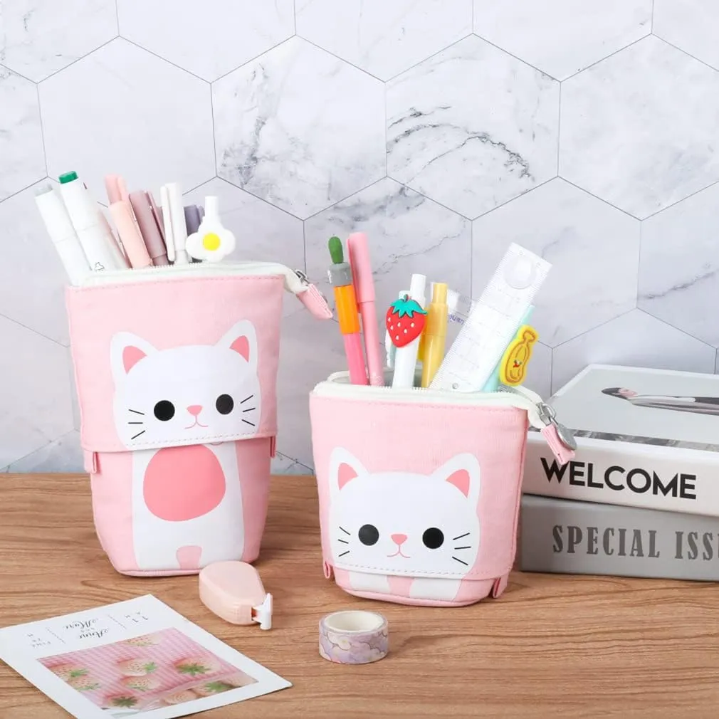 iSuperb Standing Pencil Pouch Pencil Case Cute Cat Telescopic with Zipper Canvas Kwaii Cartoon Pencil Bag Stationery Box for Kids Girls Boys School Supplies 7.5 x 4.9 x 3.0inch/4.1x 3.0inch